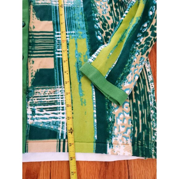Bob Mackie Wearable Art XL Green Abstract Buttons Cardigan Sweater 3/4 Sleeves - Picture 3 of 7